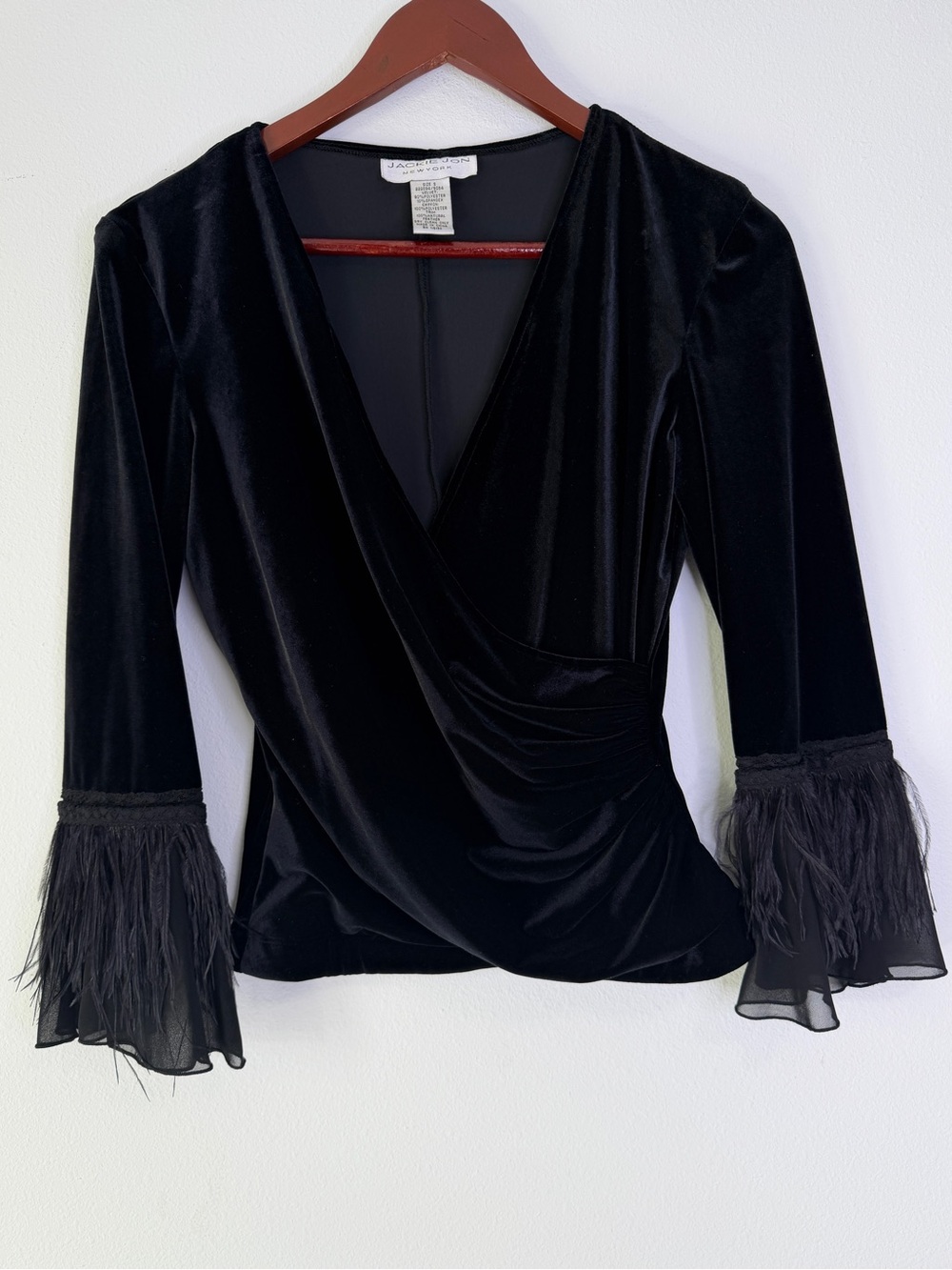 Vintage Jackie‎ Jon Black Velvet Faux Wrap Top Feather Trim Small Whimsigoth 90s